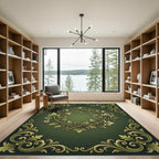 Elegant Sage Gold Ornate Botanical Wreath Rug