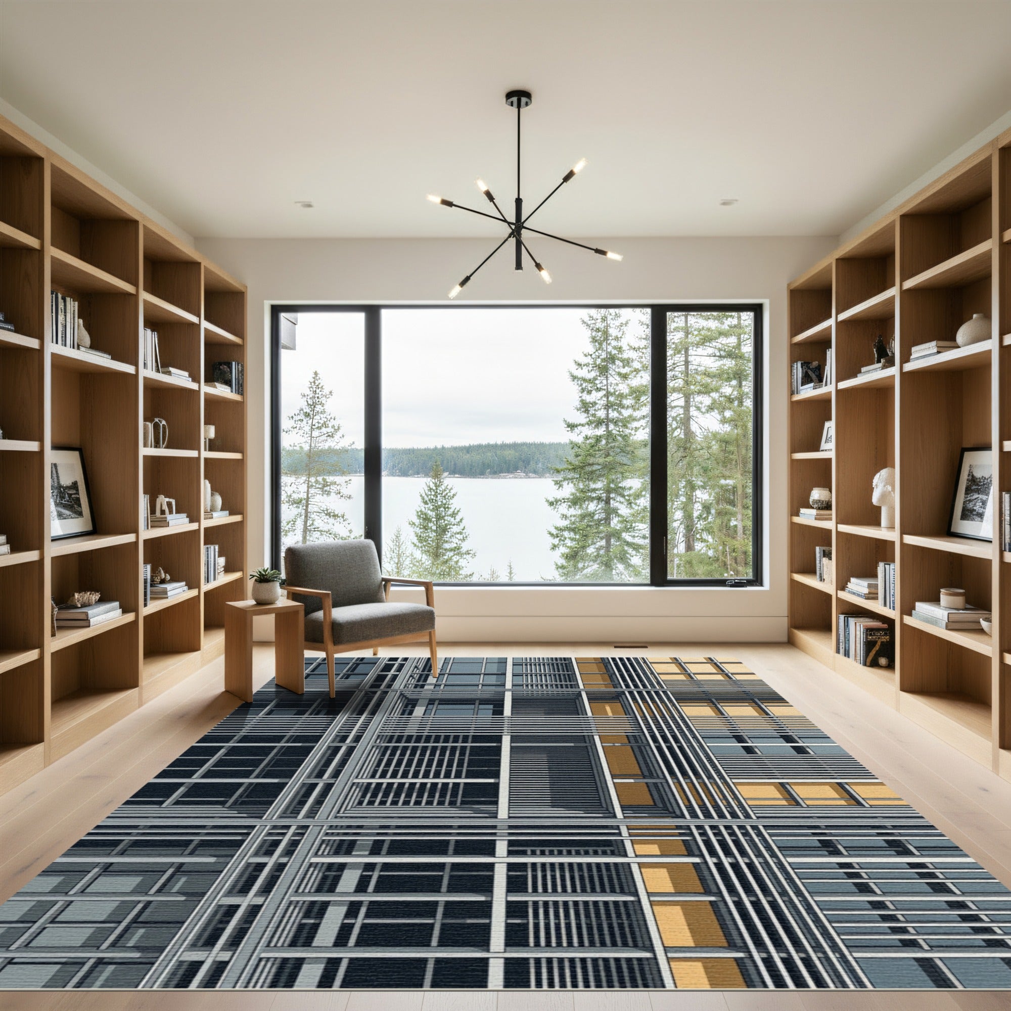 Modern Yellow Gray Linear Grid Rug