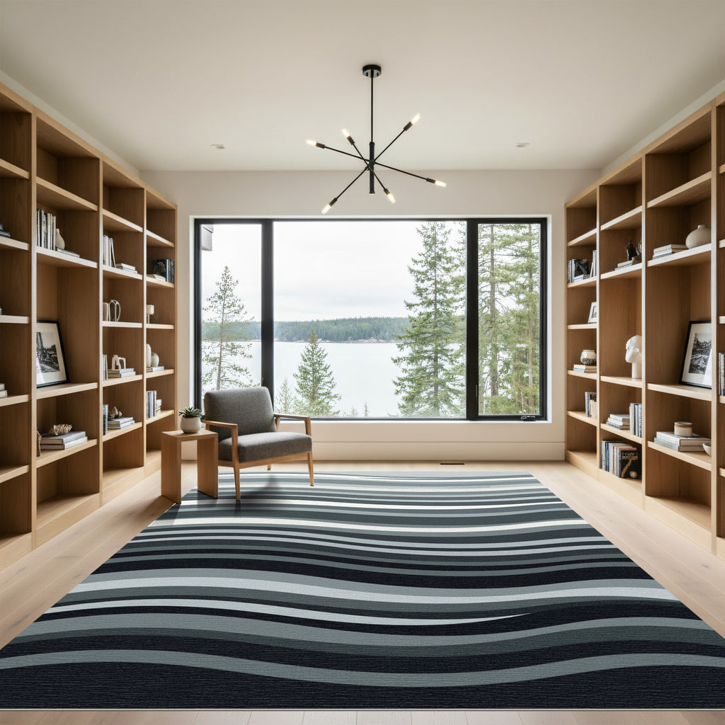 Minimalist Monochrome Wavy Abstract Lines Rug