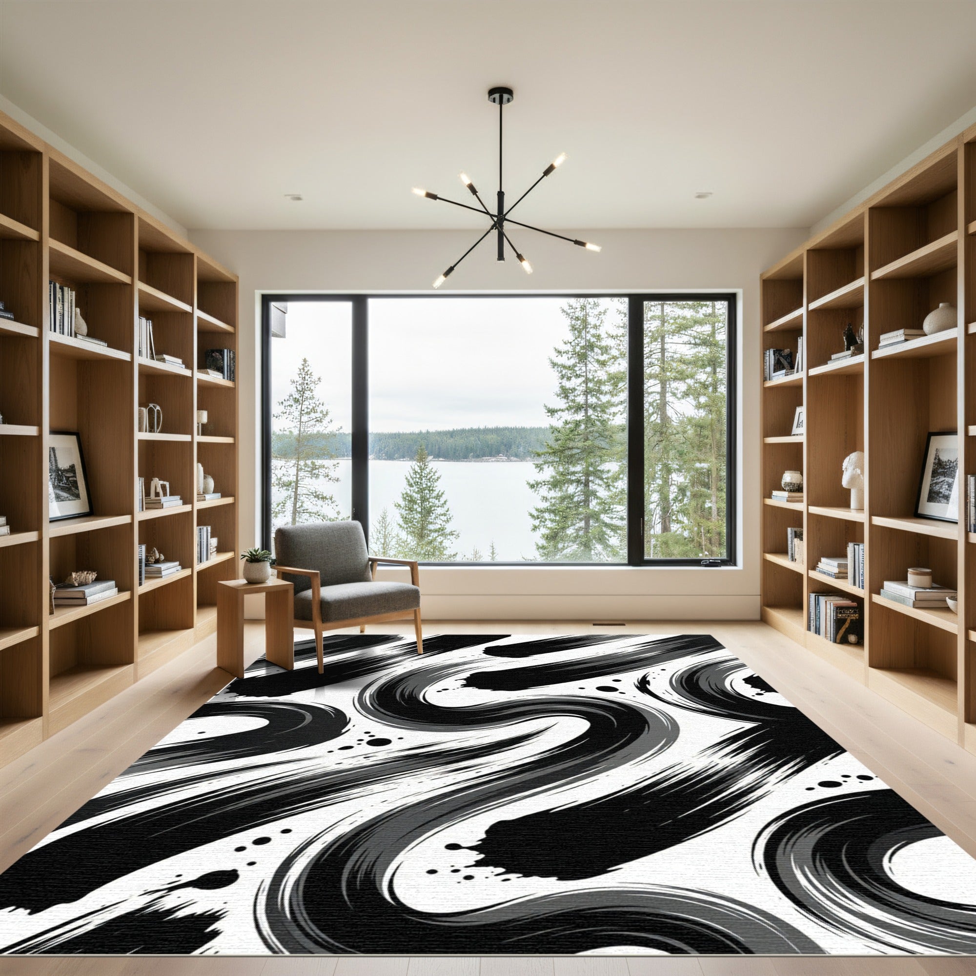 Modern Black White Abstract Brush Stroke Rug