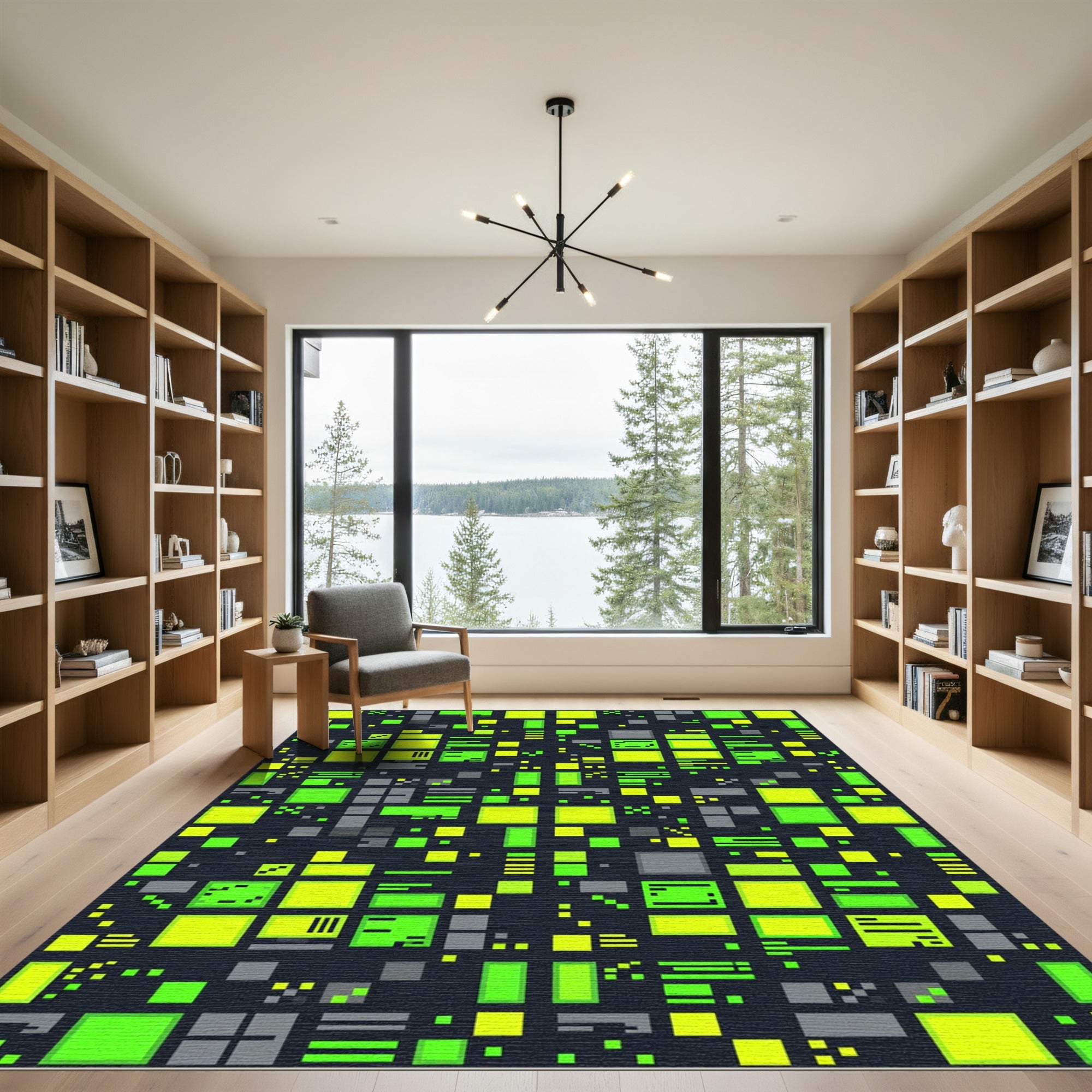 Neon Green Digital Pixel Cyber Grid Rug