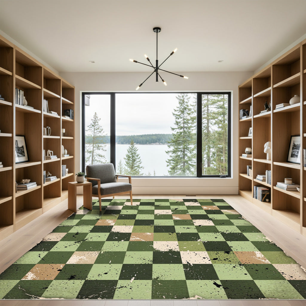 Distressed Olive Checkerboard Grungy Plaid Rug