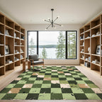 Distressed Olive Checkerboard Grungy Plaid Rug