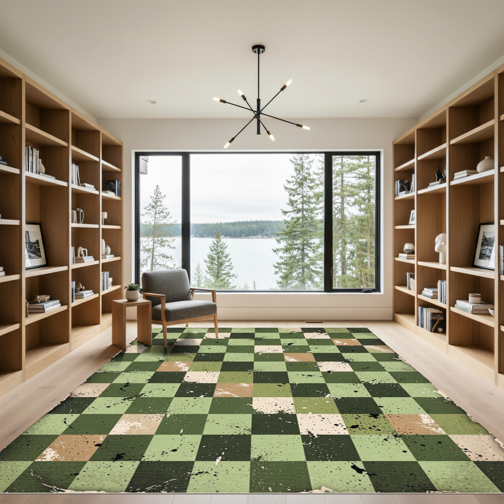 Distressed Olive Checkerboard Grungy Plaid Rug