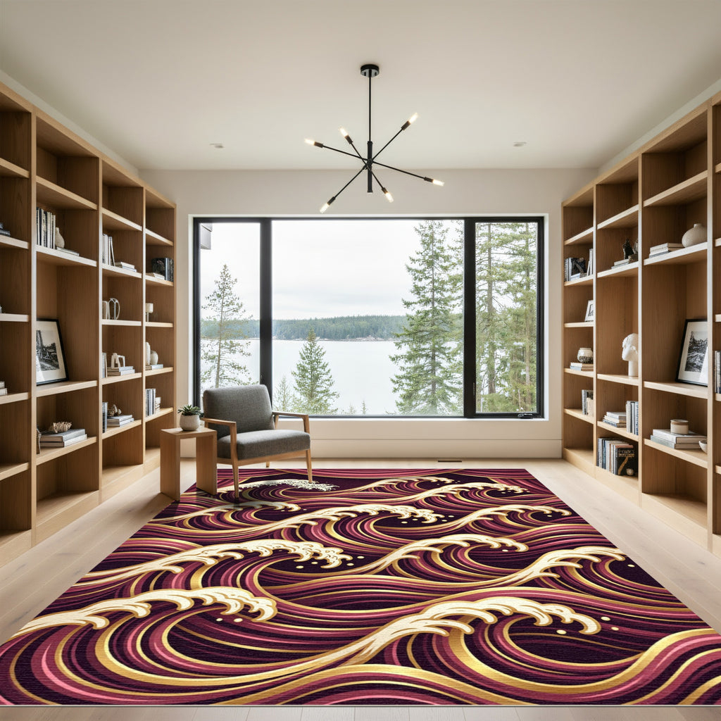Majestic Crimson Gold Japanese Wave Rug