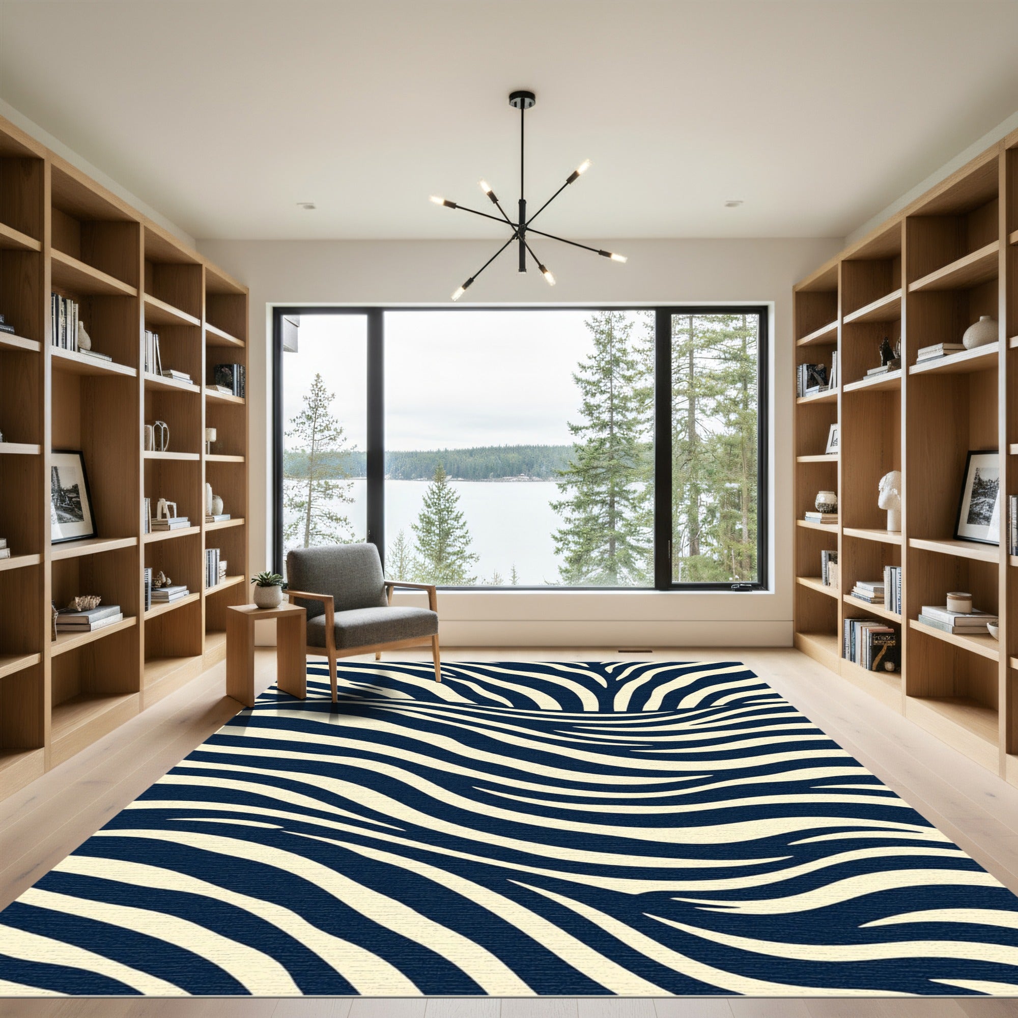 Modern Navy and Cream Zebra Wave Rug