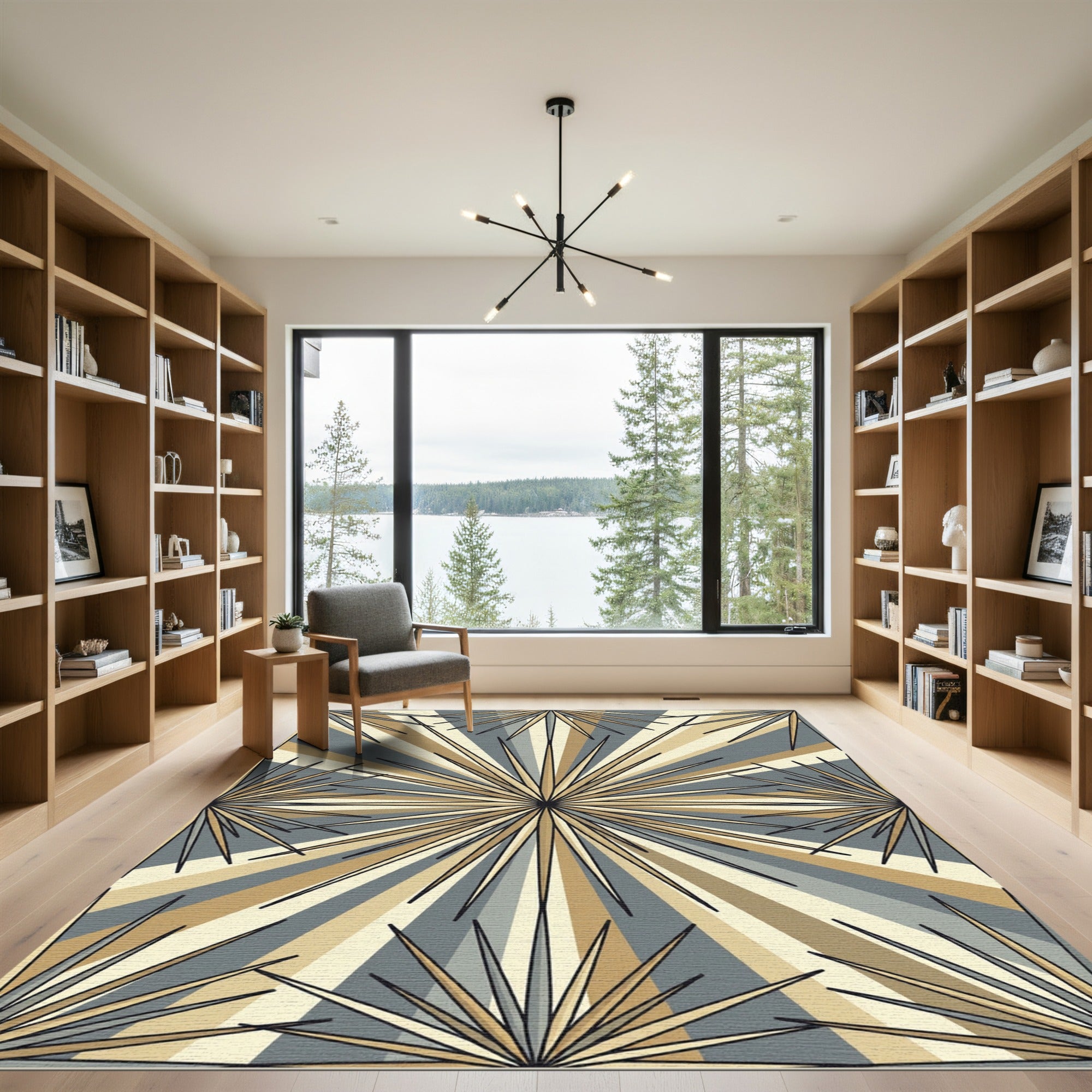 Golden Sunburst Rays Geometric Rug