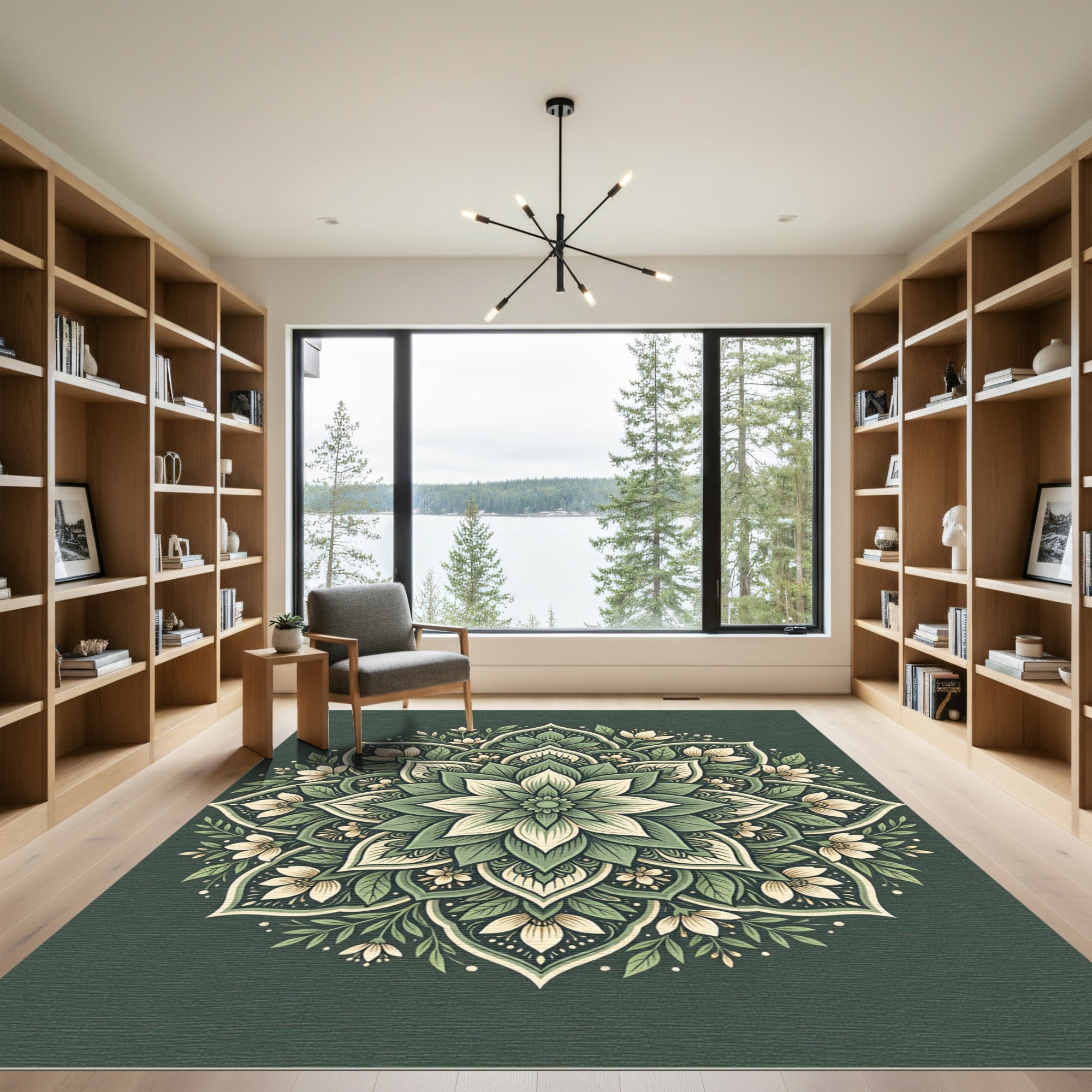 Earthy Sage Green Floral Medallion Rug