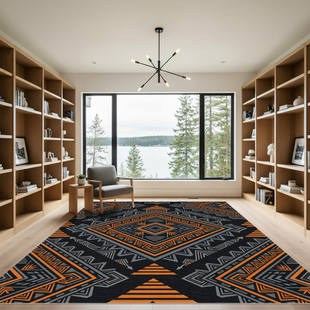 Bold Orange Gray Geometric Tribal Diamond Rug