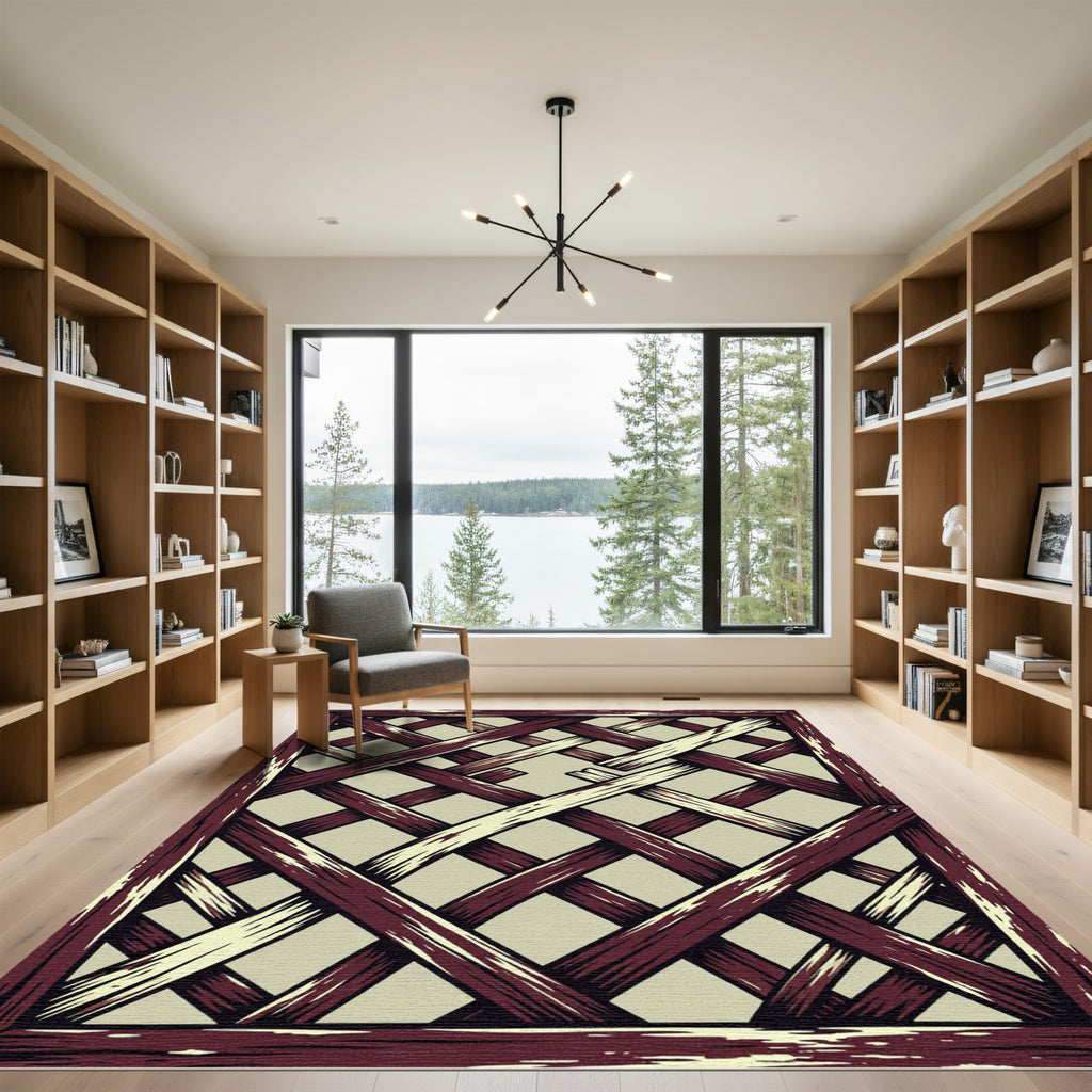 Distressed Maroon Lattice Geometric Grid Rug