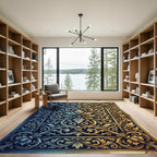 Golden and Azure Ornate Baroque Scroll Rug