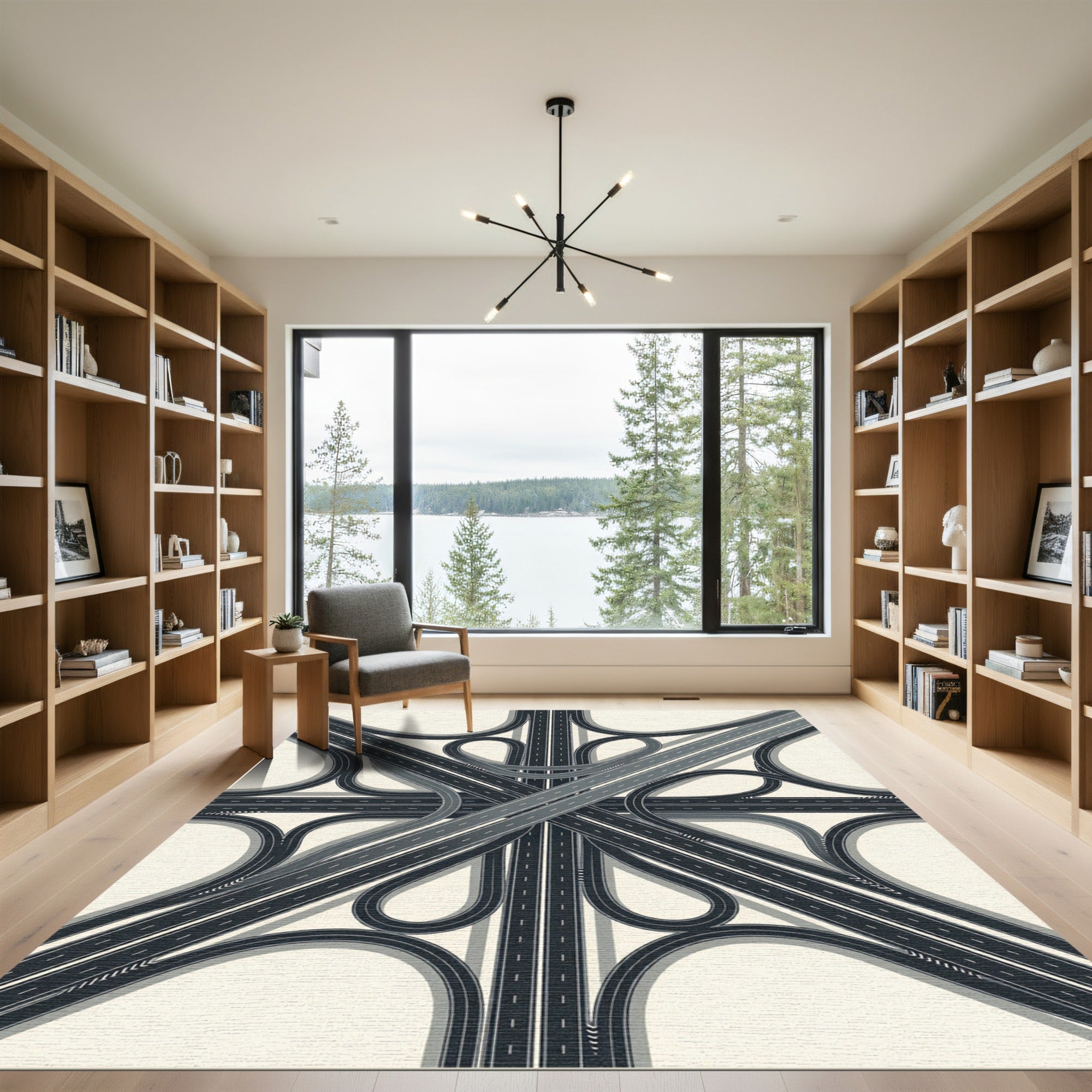 Modern Monochrome Abstract Highway Interchange Rug