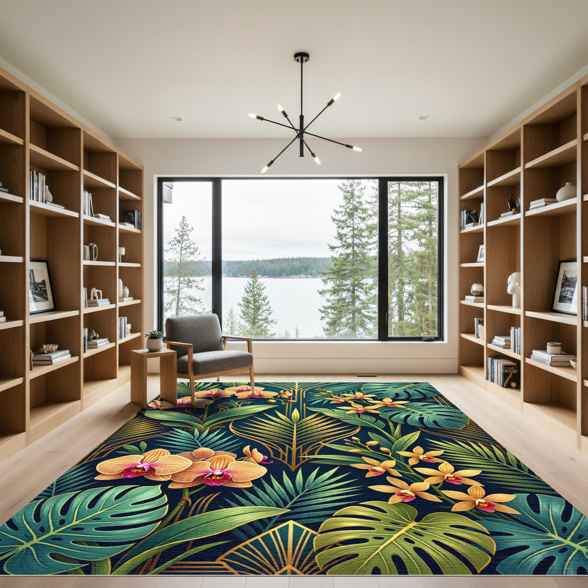 Art Deco Tropical Orchid Gold Foil Rug