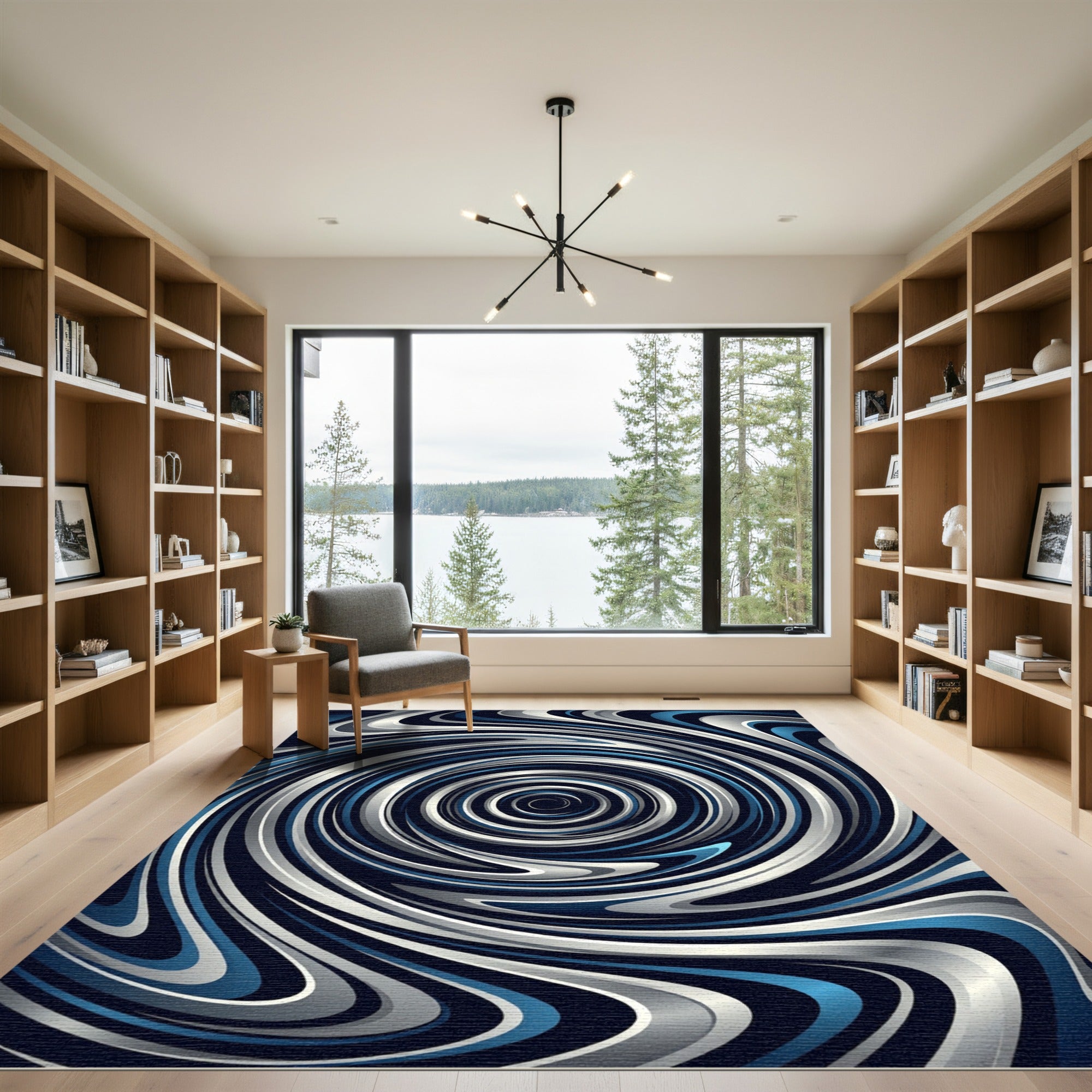 Midnight Blue Metallic Swirl Vortex Rug