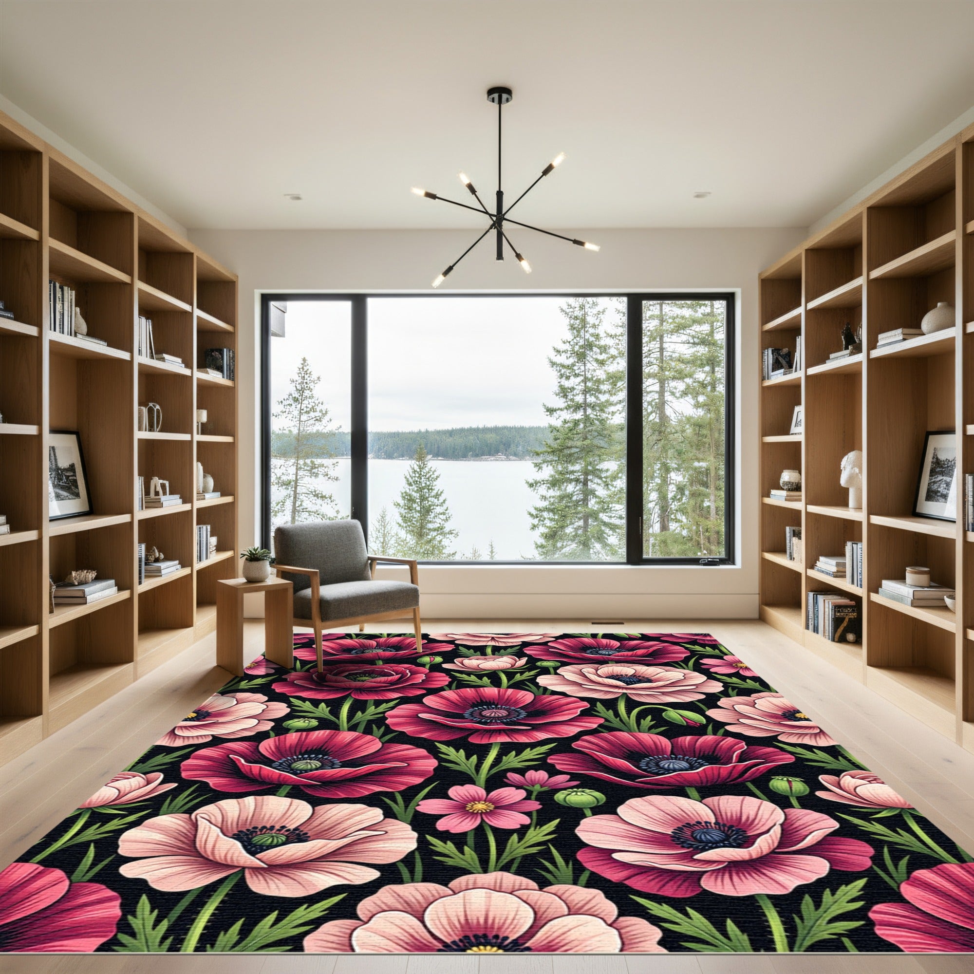 Pink Poppy Floral Botanical Garden Rug