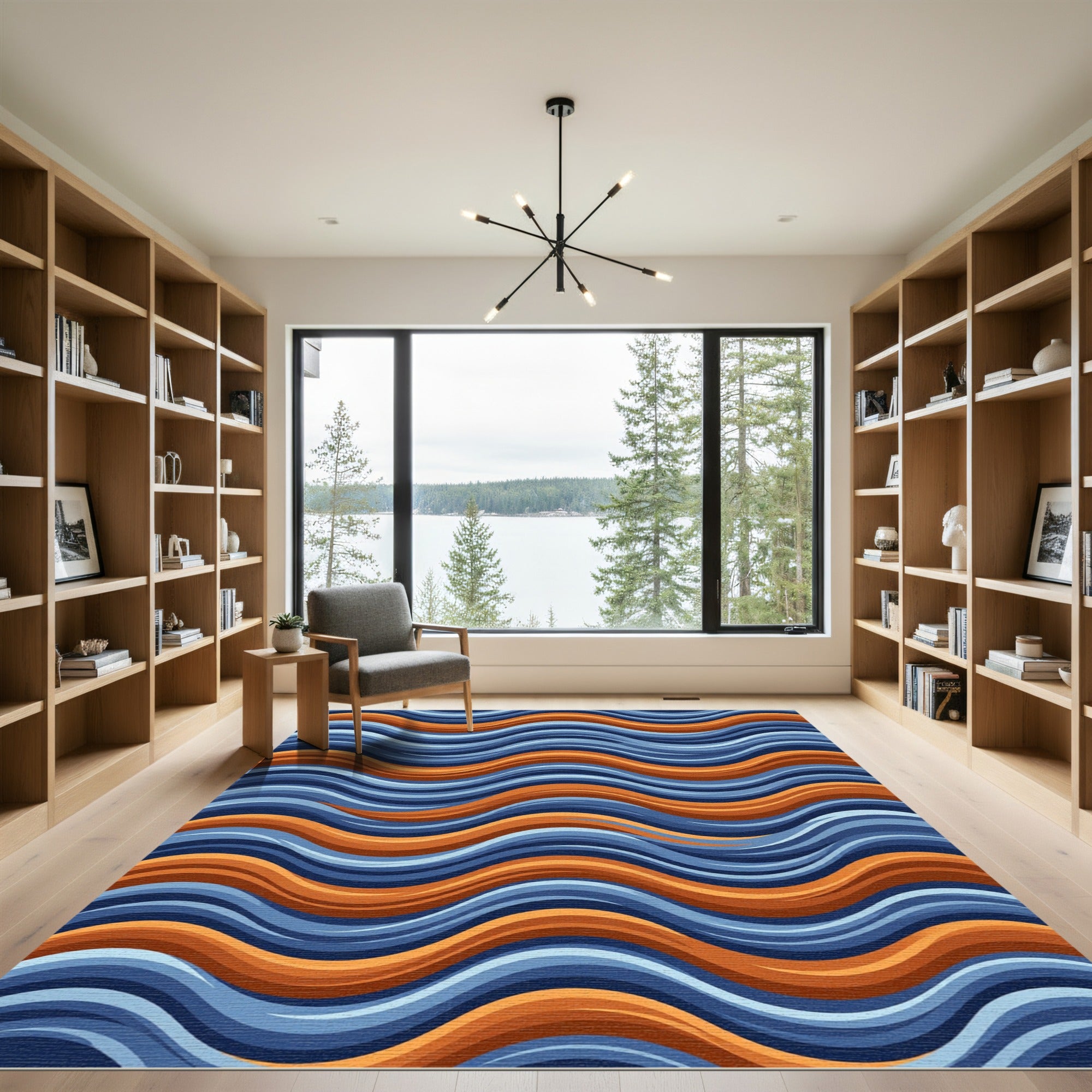 Modern Blue and Orange Wavy Stripe Rug