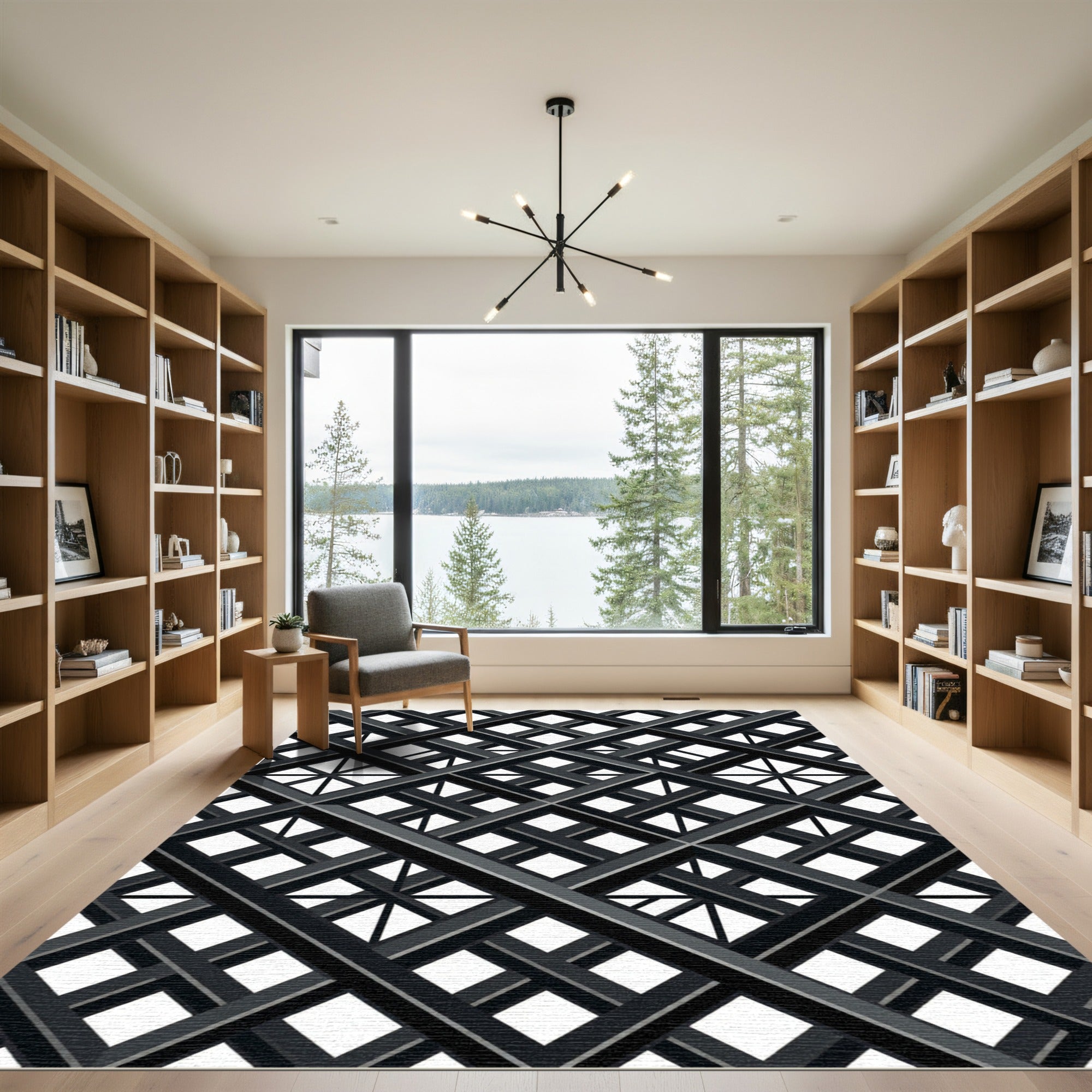 Modern Charcoal Intersecting Geometric Grid Rug