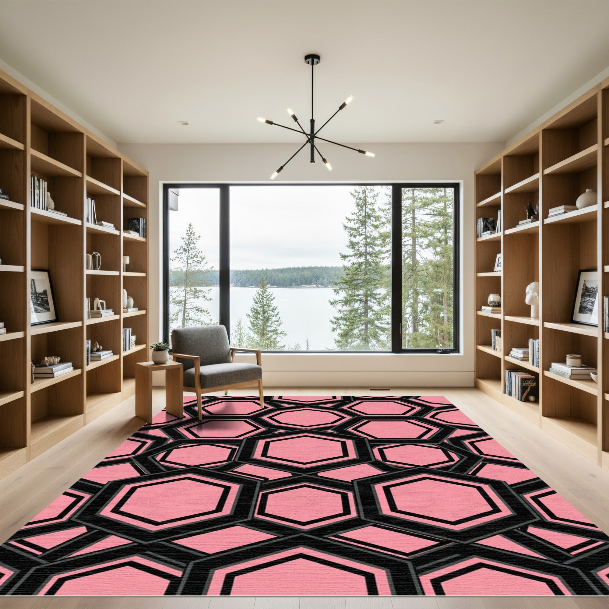 Sophisticated Pink and Black Geometric Hexagon Rug