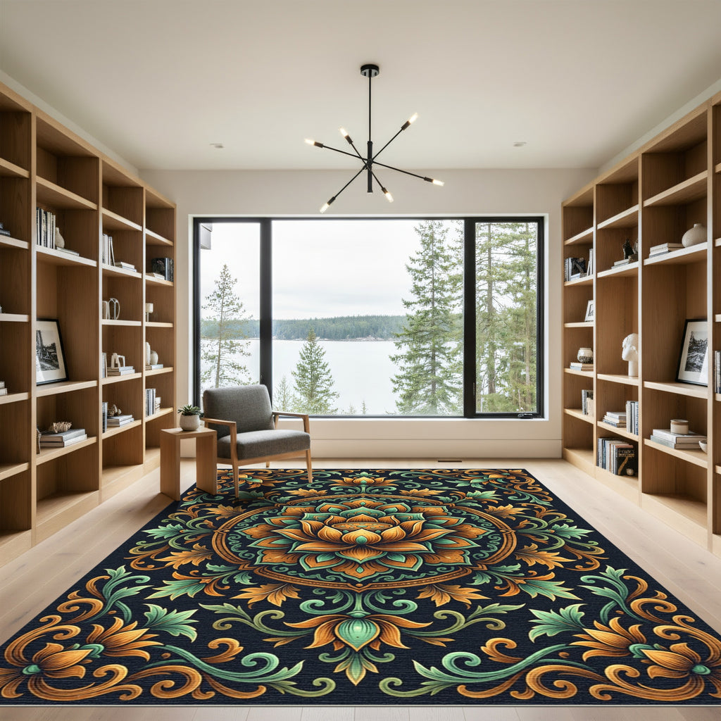 Ornate Emerald and Gold Lotus Medallion Rug
