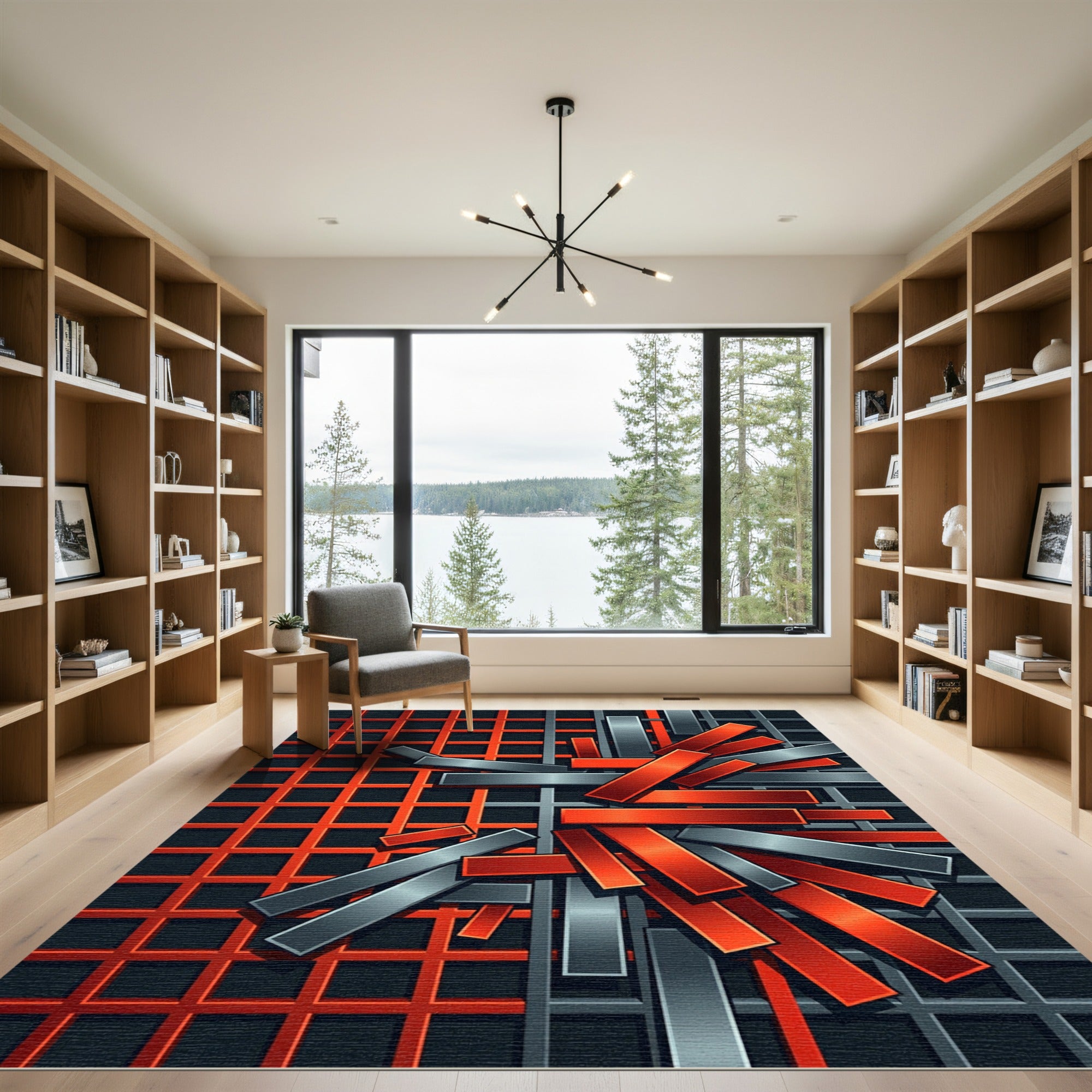 Red Grey Geometric Abstract Lines Rug