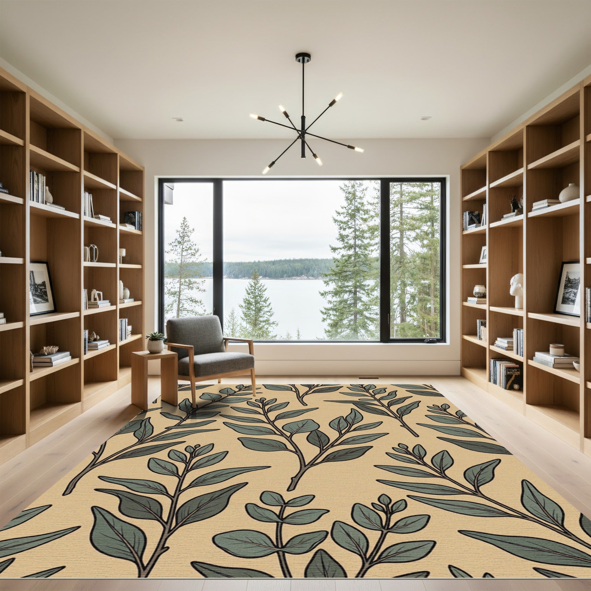 Earthy Green Eucalyptus Leaf Tapestry Rug