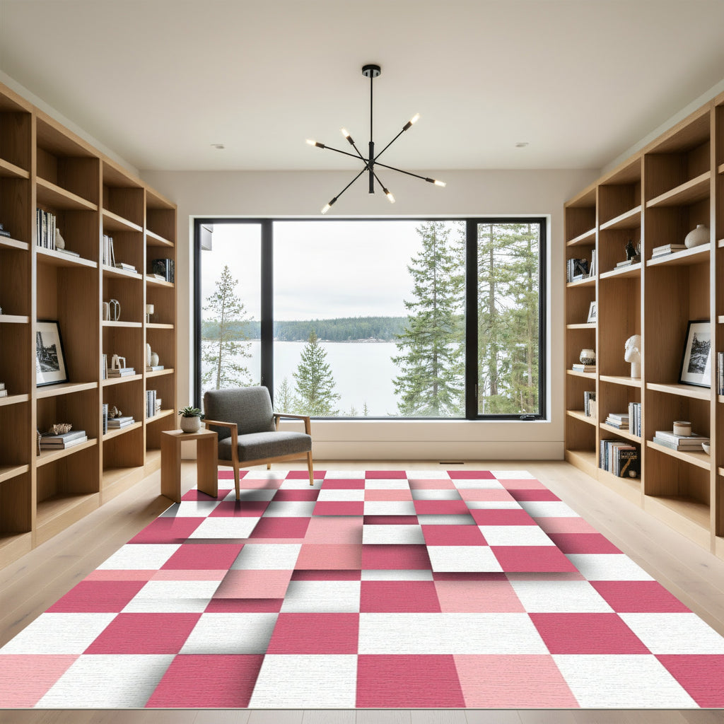 Modern Pink Checkerboard Square Layered Abstract Rug