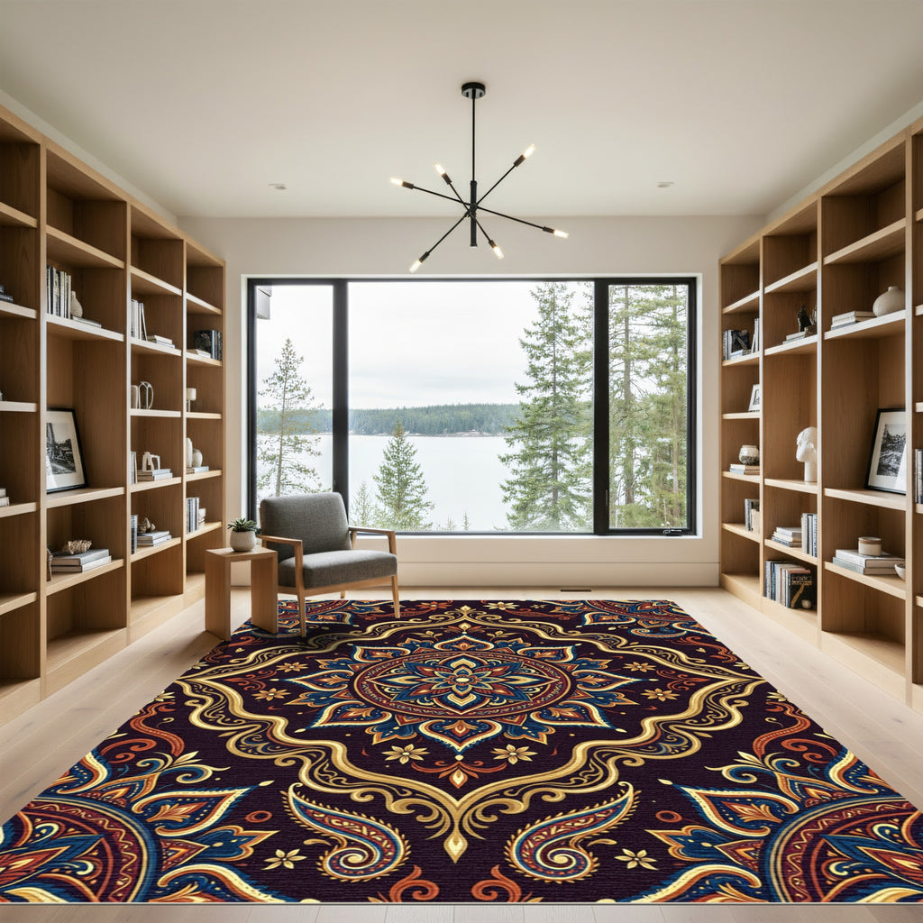 Ornate Midnight Floral Medallion Gold Accents Rug
