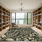 Cream Botanical Herb Foliage on Black Rug