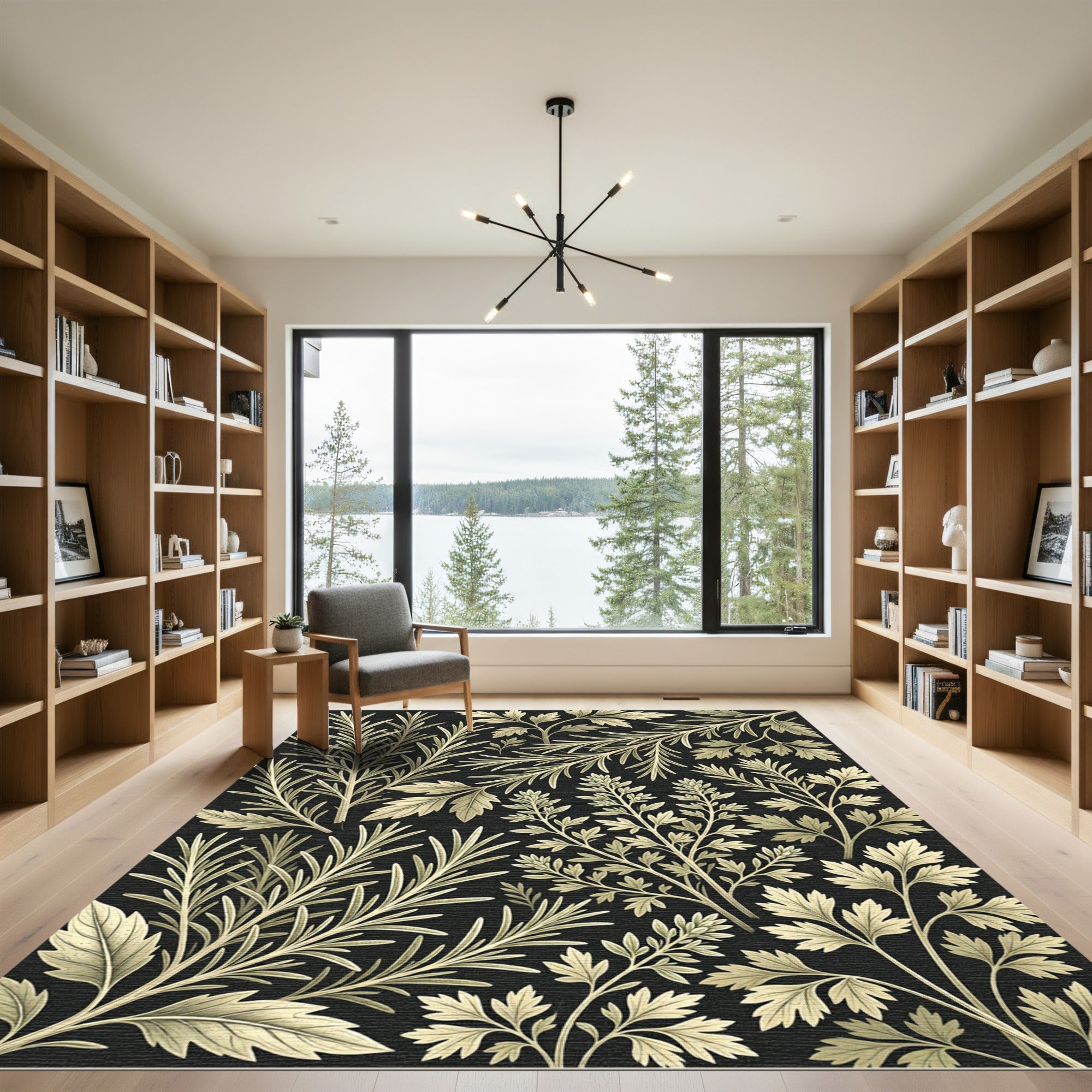 Cream Botanical Herb Foliage on Black Rug