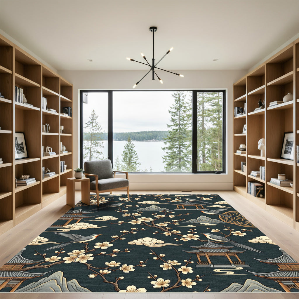 Serene Cherry Blossom Pagoda Bird Rug