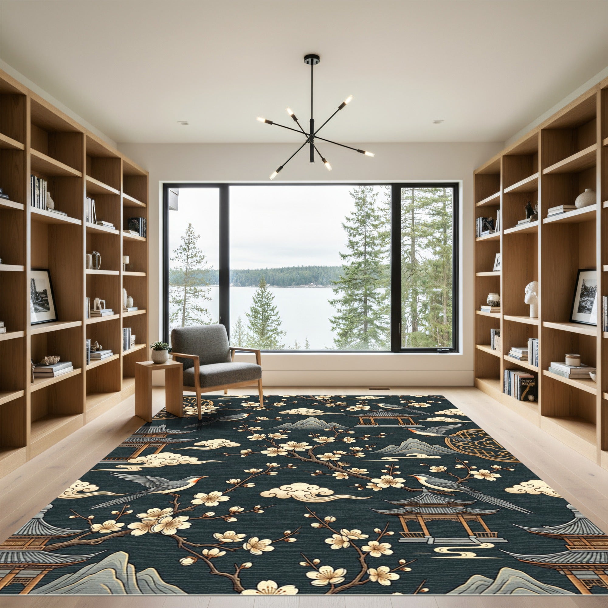 Serene Cherry Blossom Pagoda Bird Rug