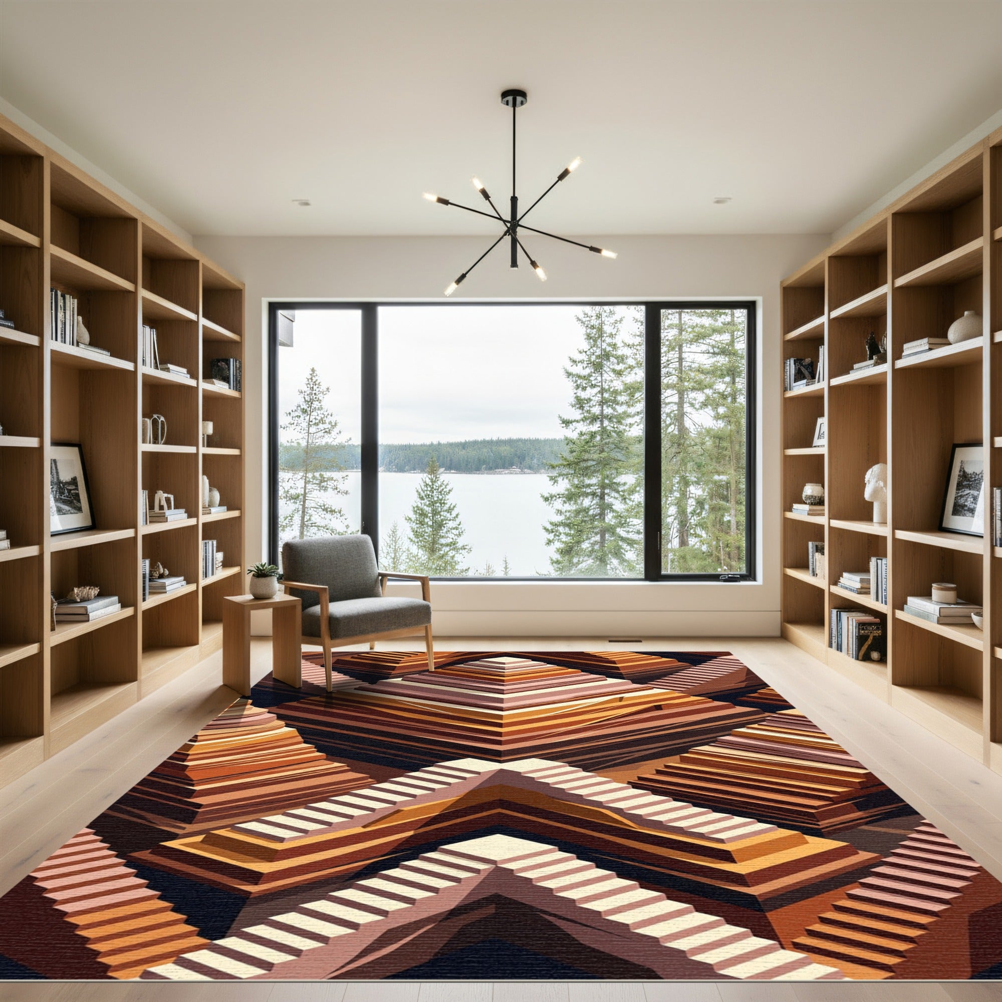 Brown Terracotta Tiered Stair Geometry Rug