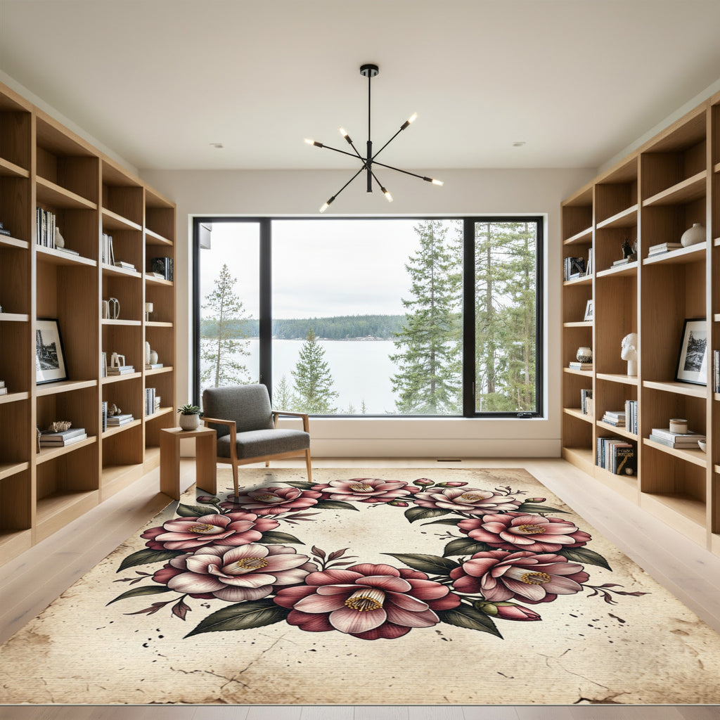 Vintage Pink Camellia Floral Wreath Rug