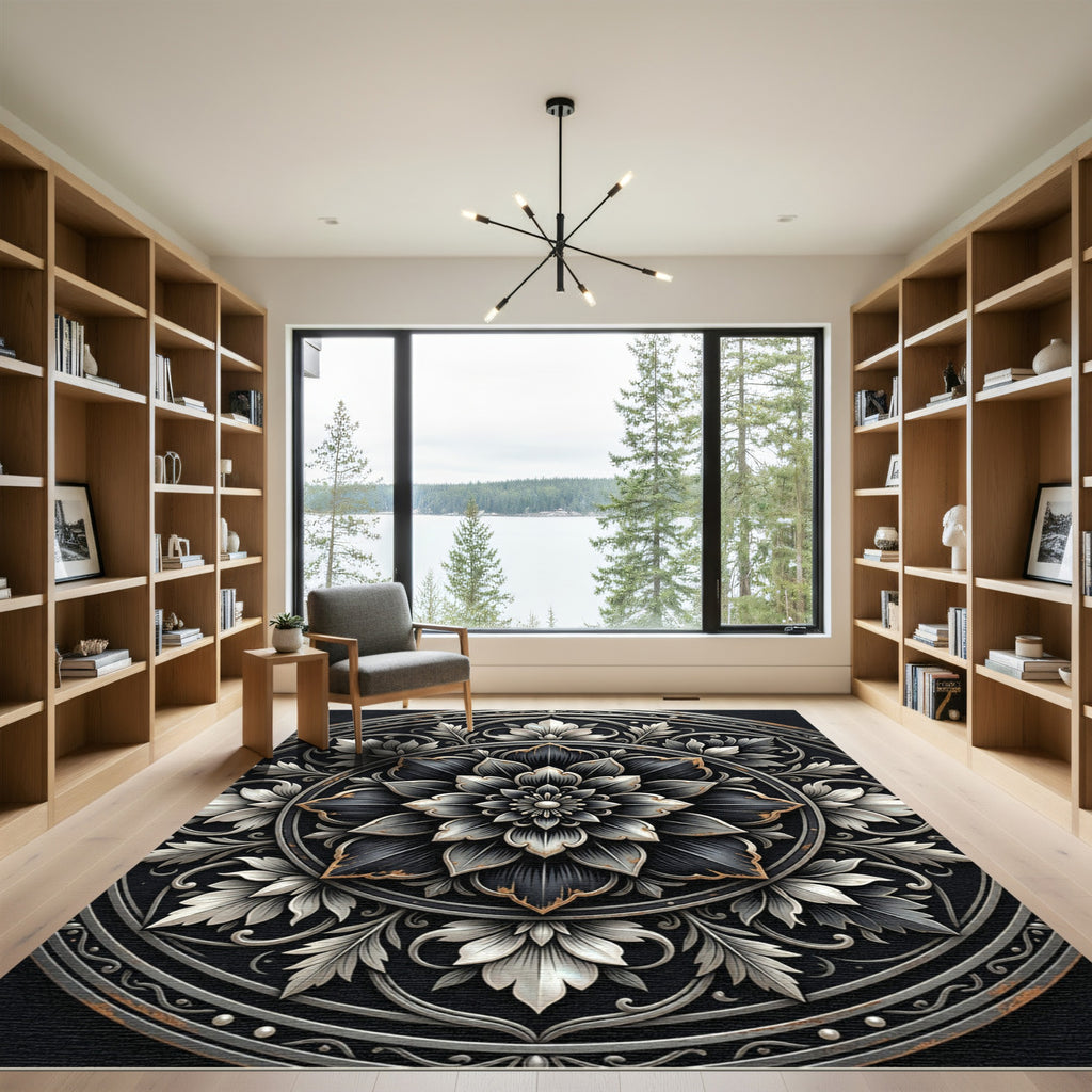 Ornate Silver Floral Monochromatic Medallion Rug