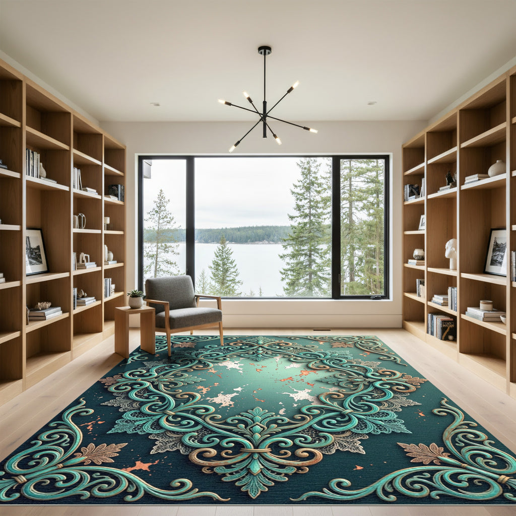 Elegant Teal Baroque Damask Scroll Rug