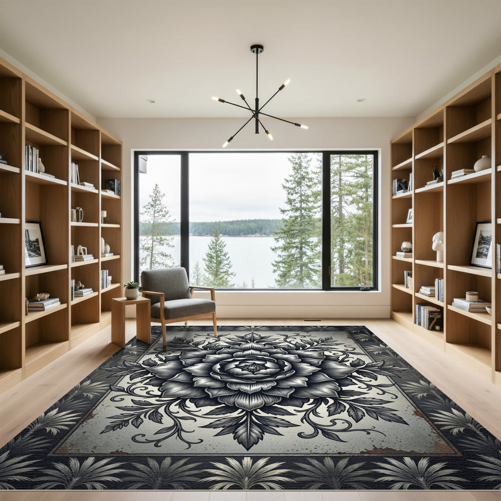 Monochrome Botanical Floral Medallion Rug
