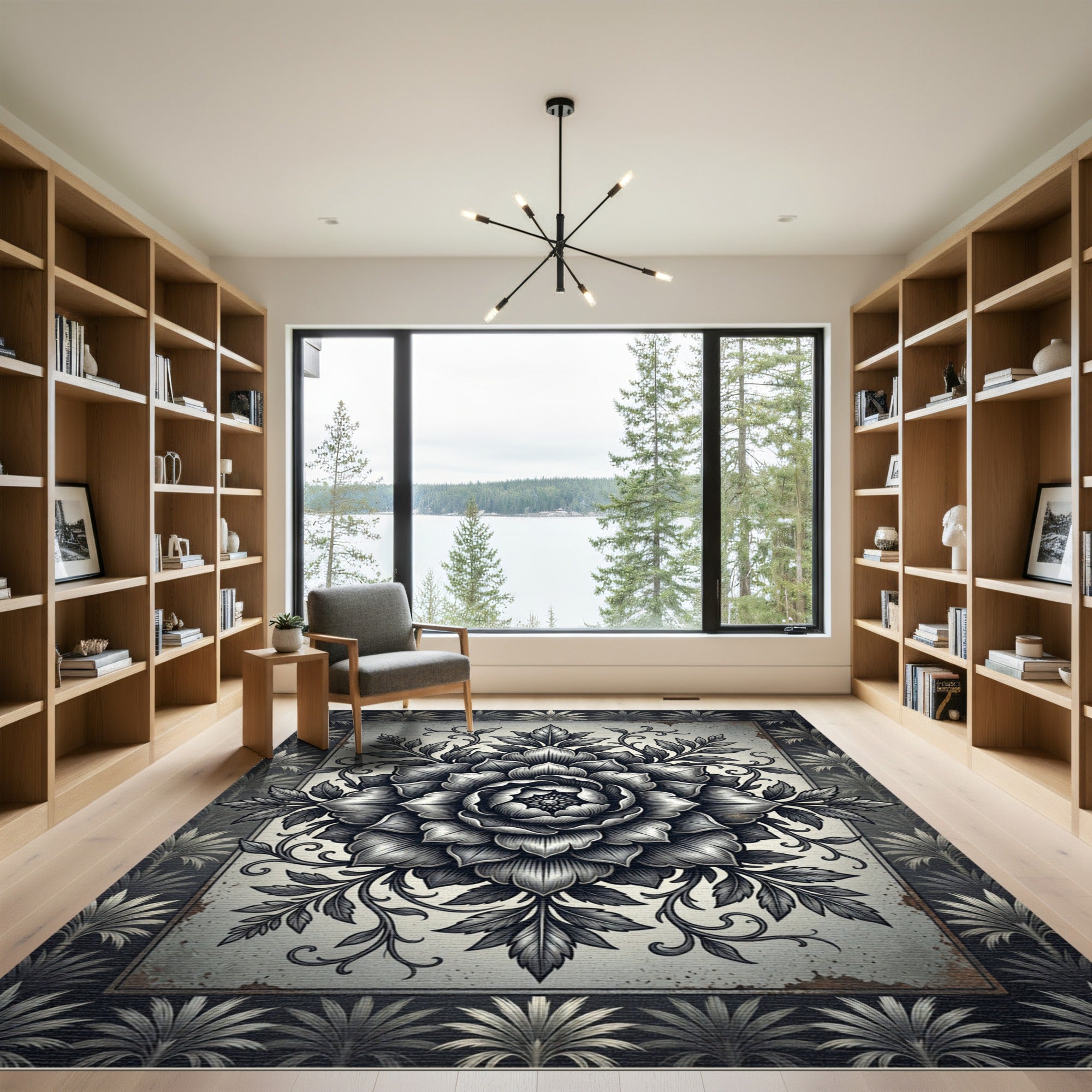 Monochrome Botanical Floral Medallion Rug