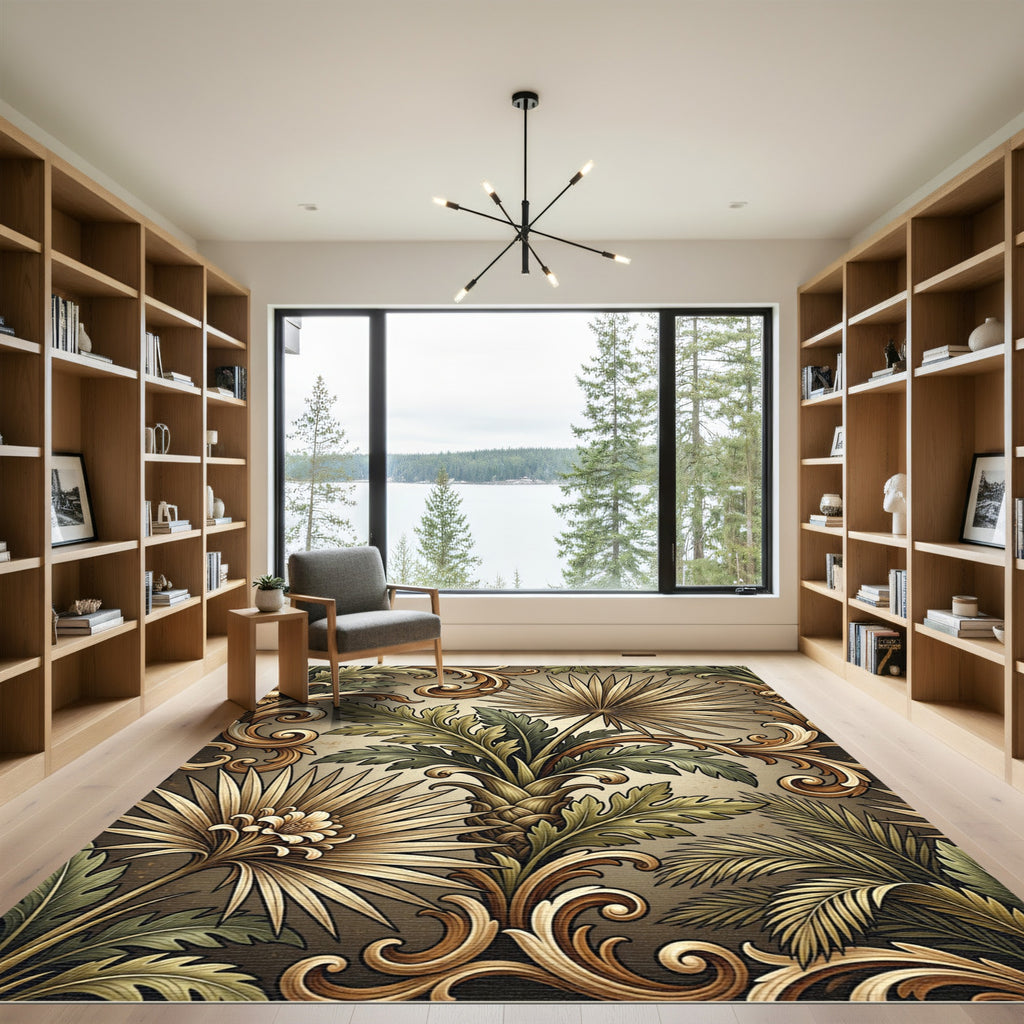 Ornate Tropical Palm Leaf Scroll Rug