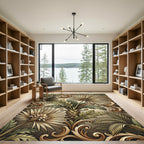 Ornate Tropical Palm Leaf Scroll Rug