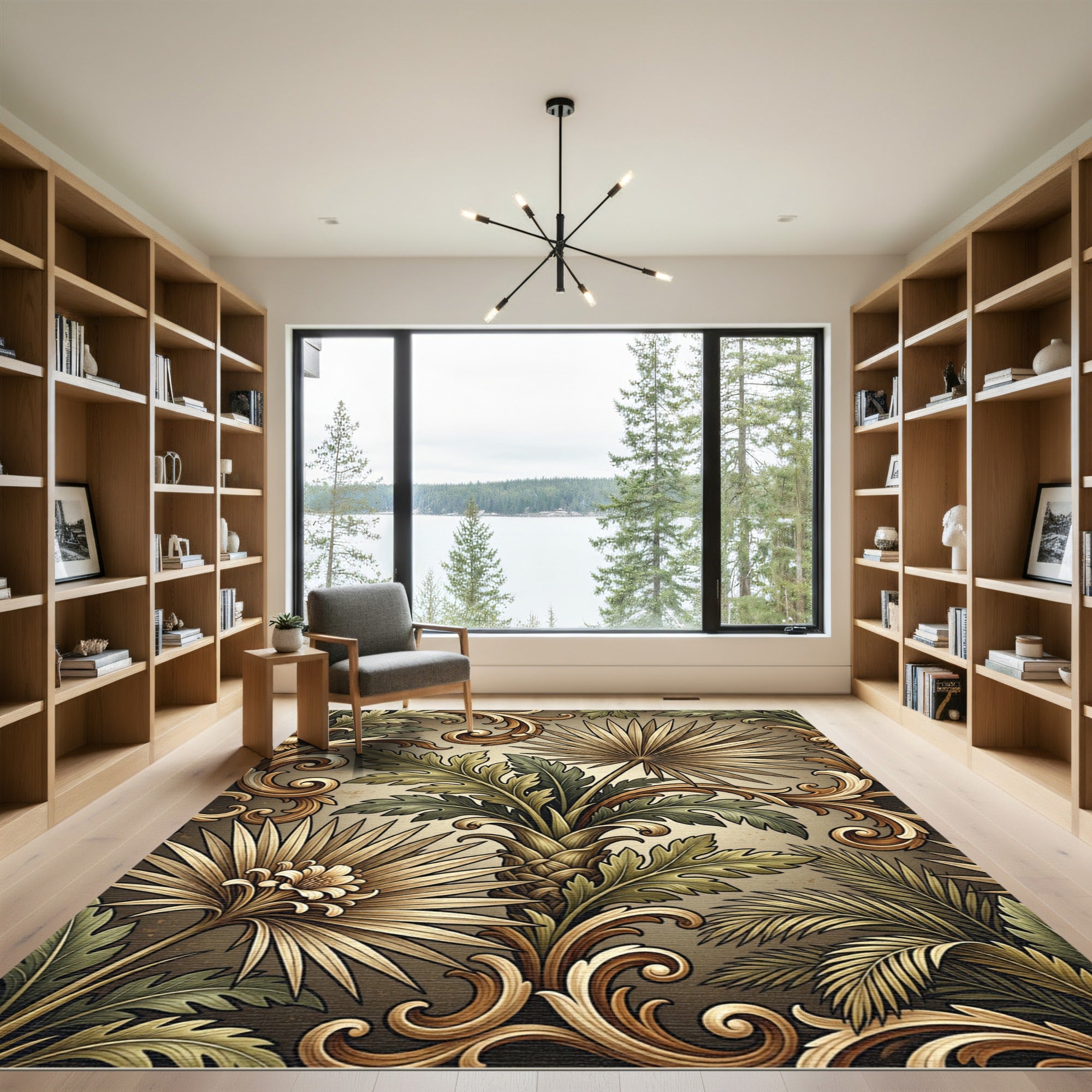 Ornate Tropical Palm Leaf Scroll Rug