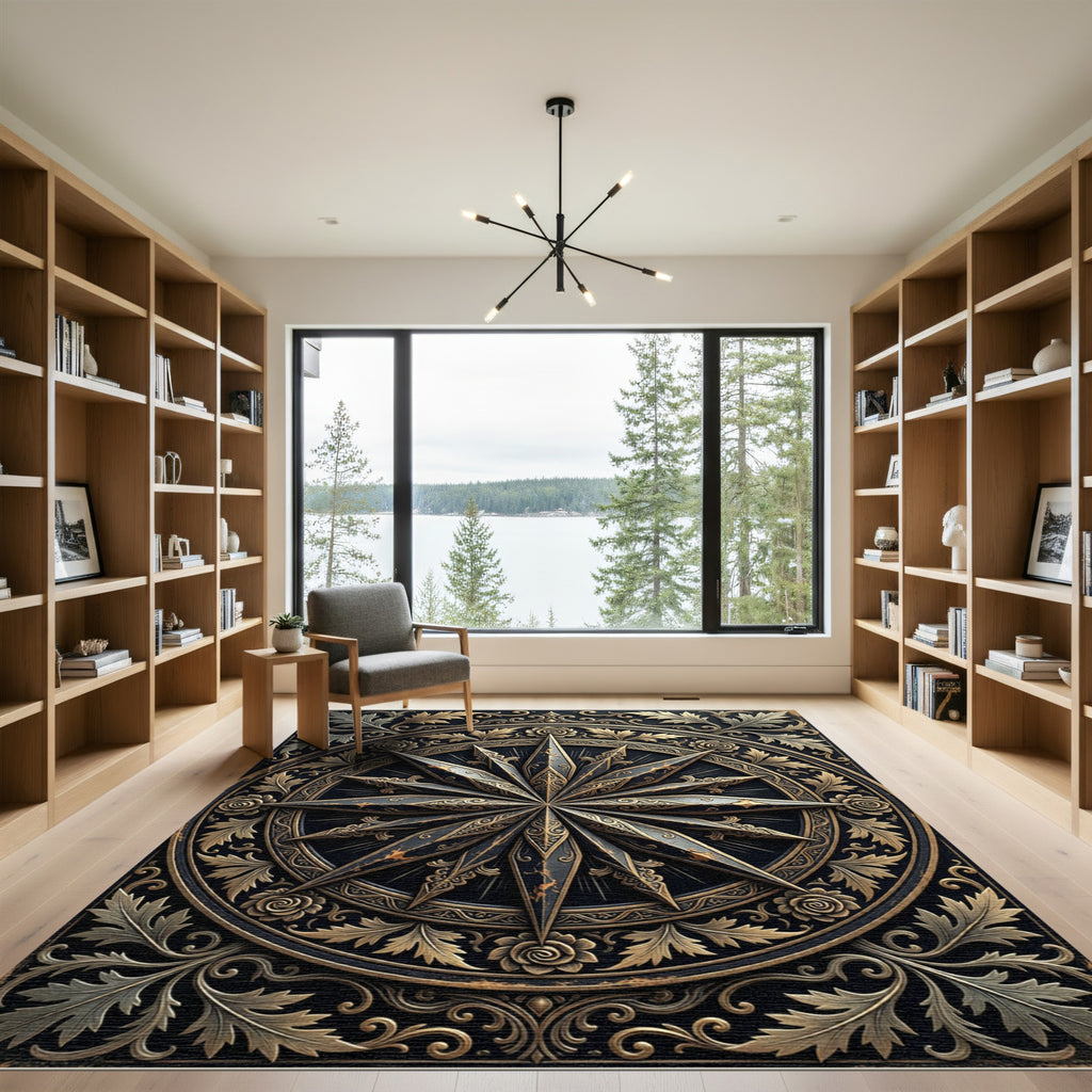Ornate Gold and Black Compass Medallion Rug