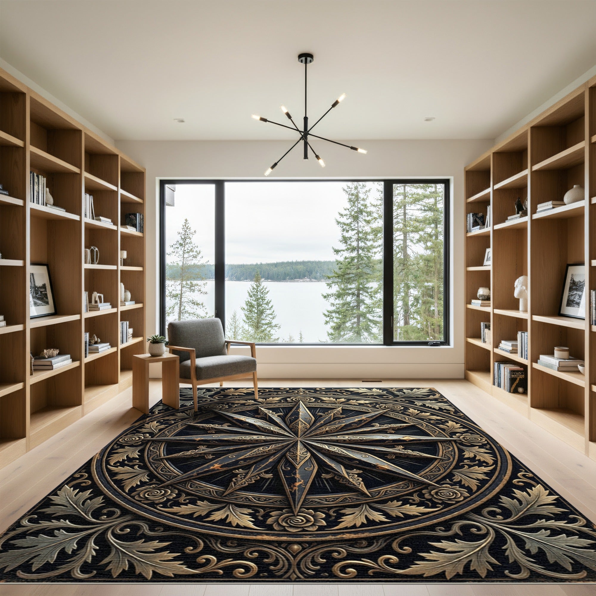 Ornate Gold and Black Compass Medallion Rug