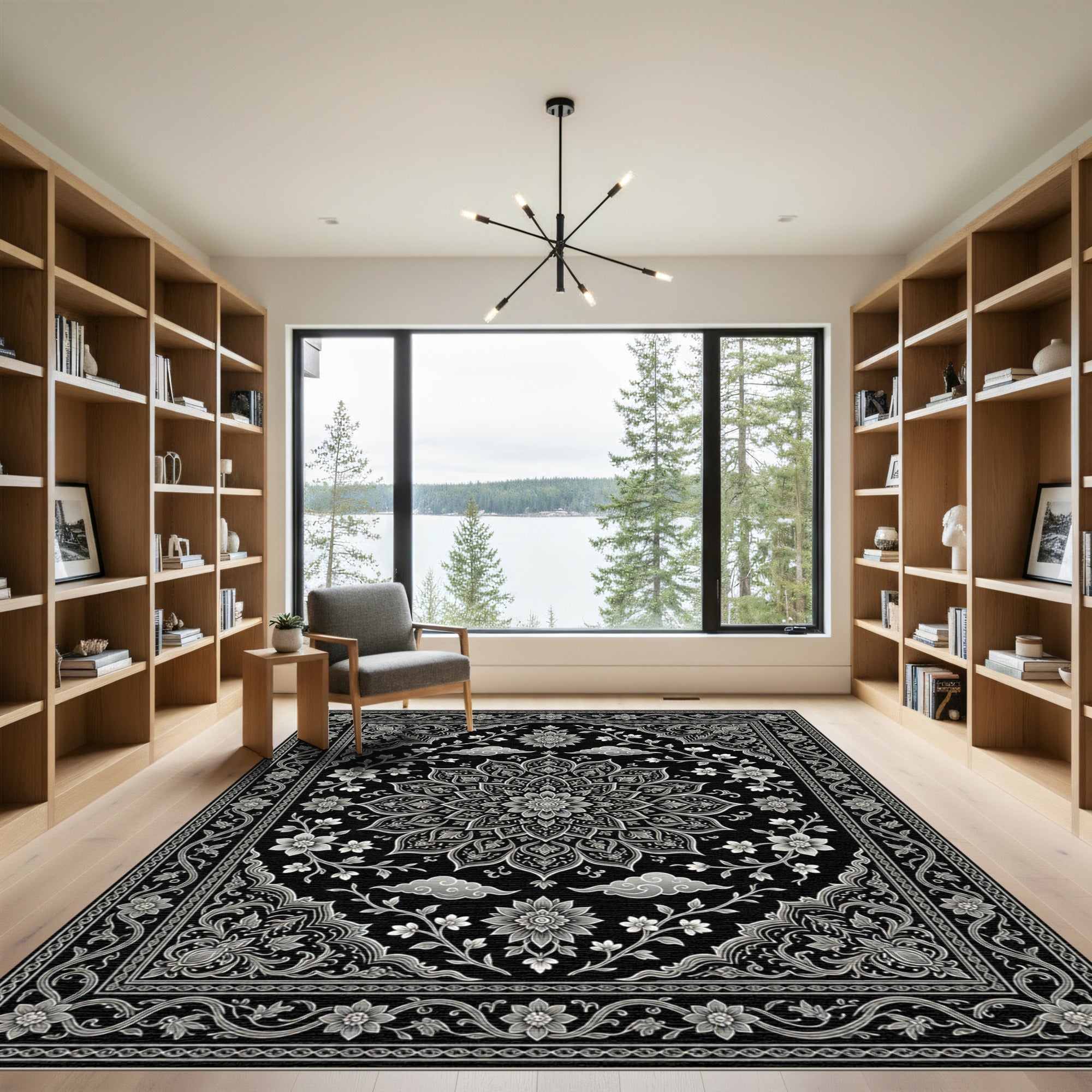 Elegant Monochrome Floral Medallion Black Floor Covering Rug