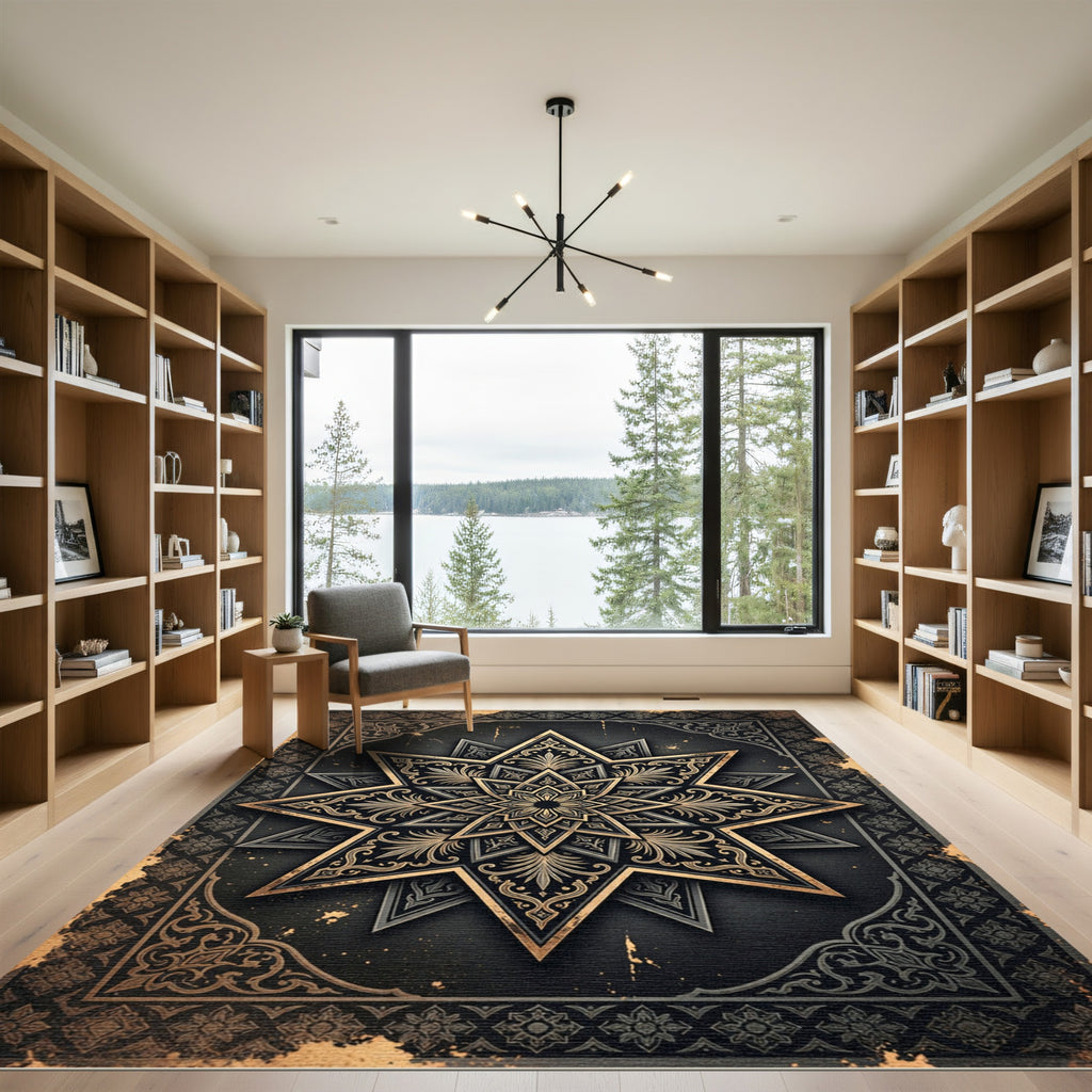 Ornate Black and Gold Star Medallion Rug