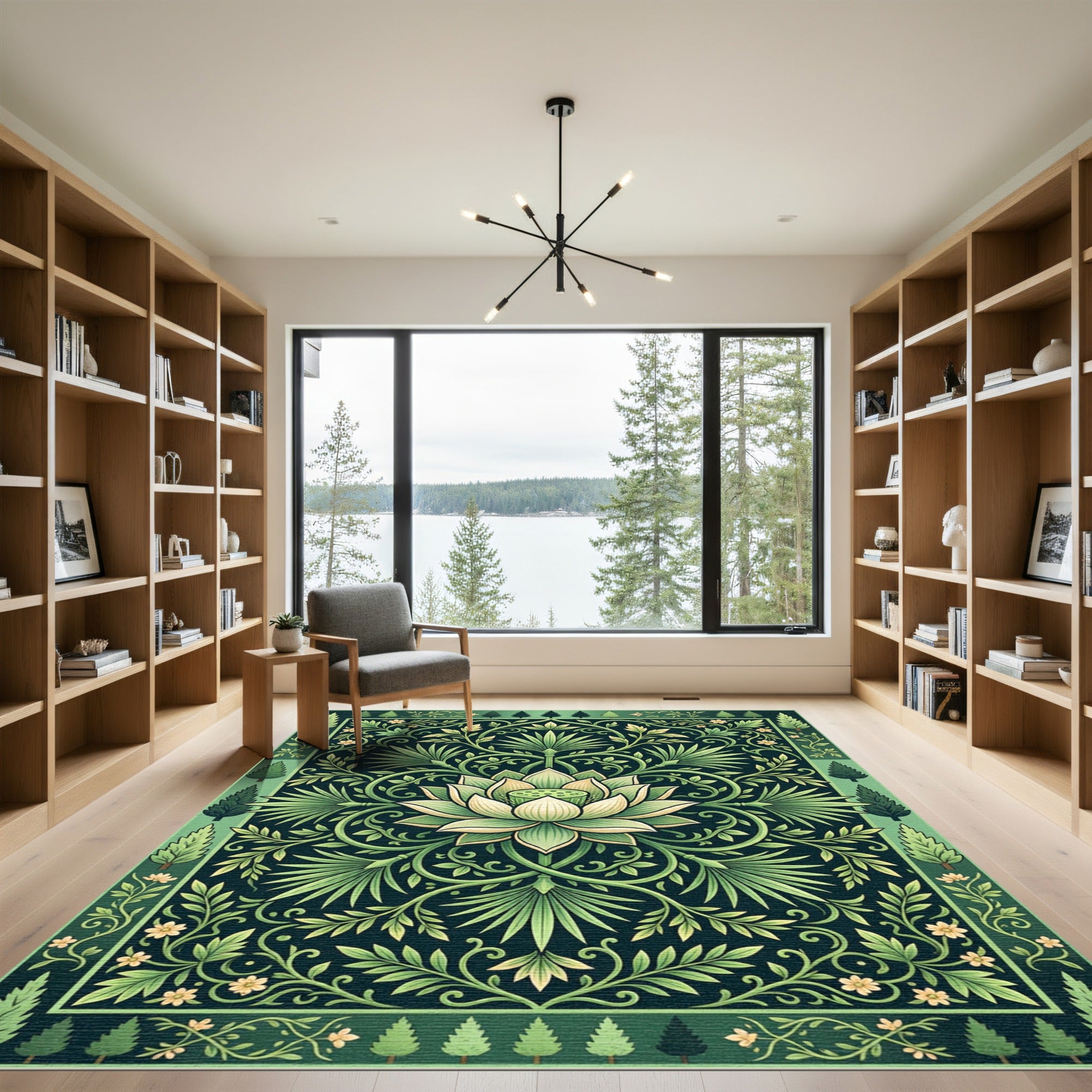 Emerald Lotus Botanical Art Deco Rug