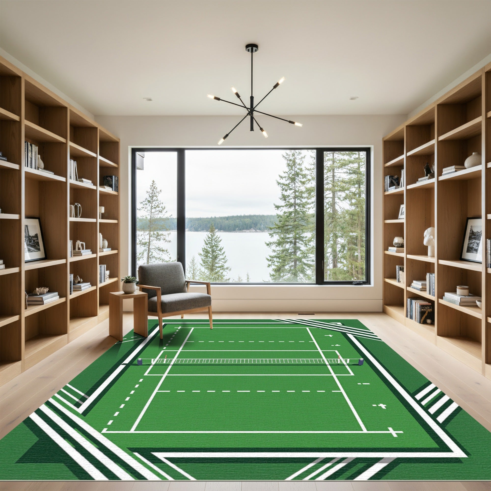 Modern Green Court Lines Abstract Rug