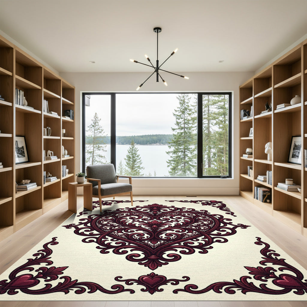Burgundy Baroque Heart Ornamental Scroll Rug