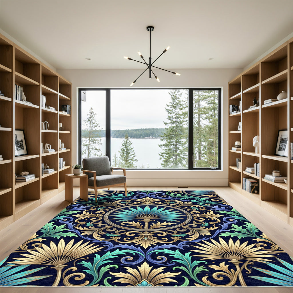 Ornate Teal and Gold Fan Medallion Rug