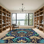 Ornate Teal and Gold Fan Medallion Rug