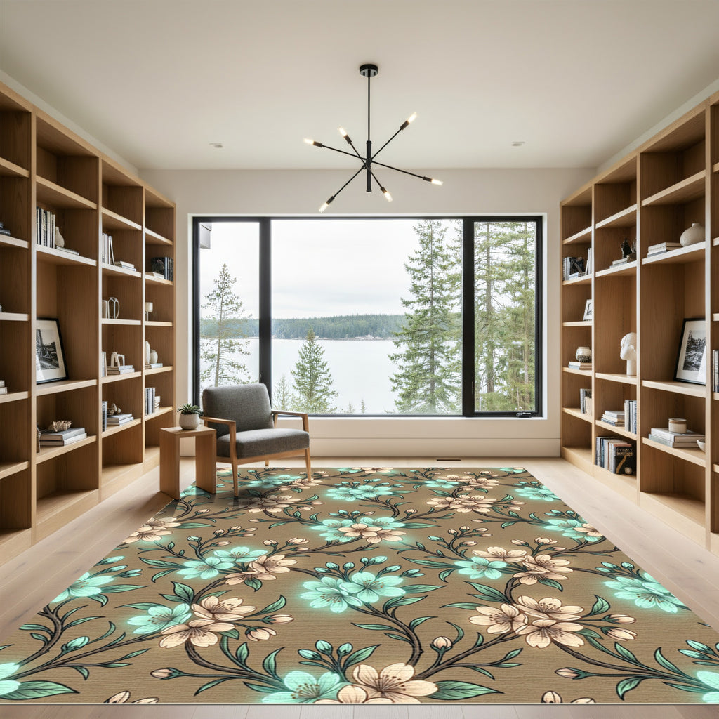 Luminous Teal and Beige Cherry Blossom Rug